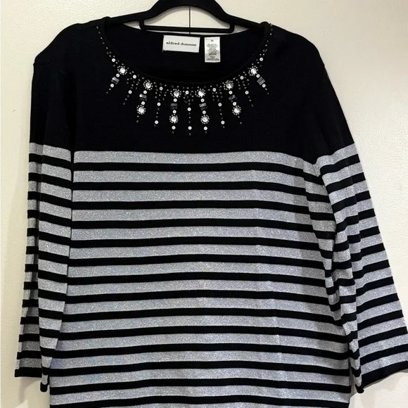 Alfred Dunner Black and Gray Embellished Boxy Blouse - Picture 2 of 9